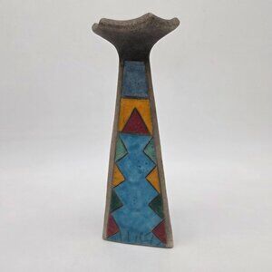 Vintage South African Raku Pottery Smoked Tripod Triangular Vase Candle Holder 1